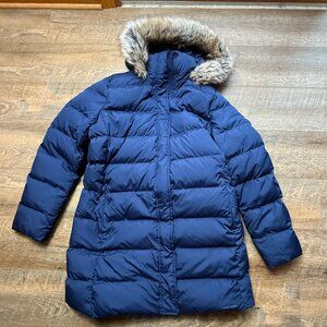 Lands End Puffer Coat L/T 14-16 Blue Down Winter Removable Hood Full Zip Womens